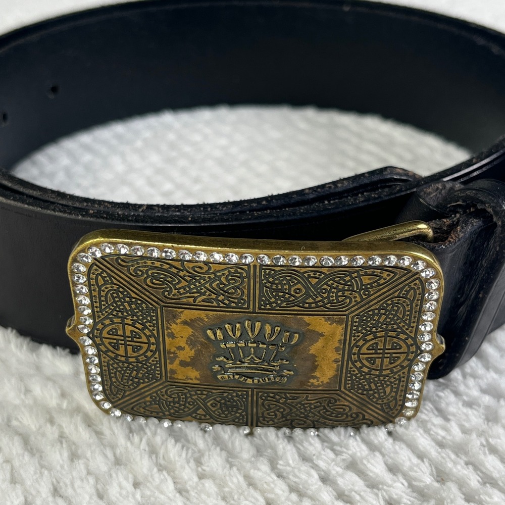 Lauren Ralph Lauren Black Leather Rhinestone Crown Buckle Belt M 428126972-AMA